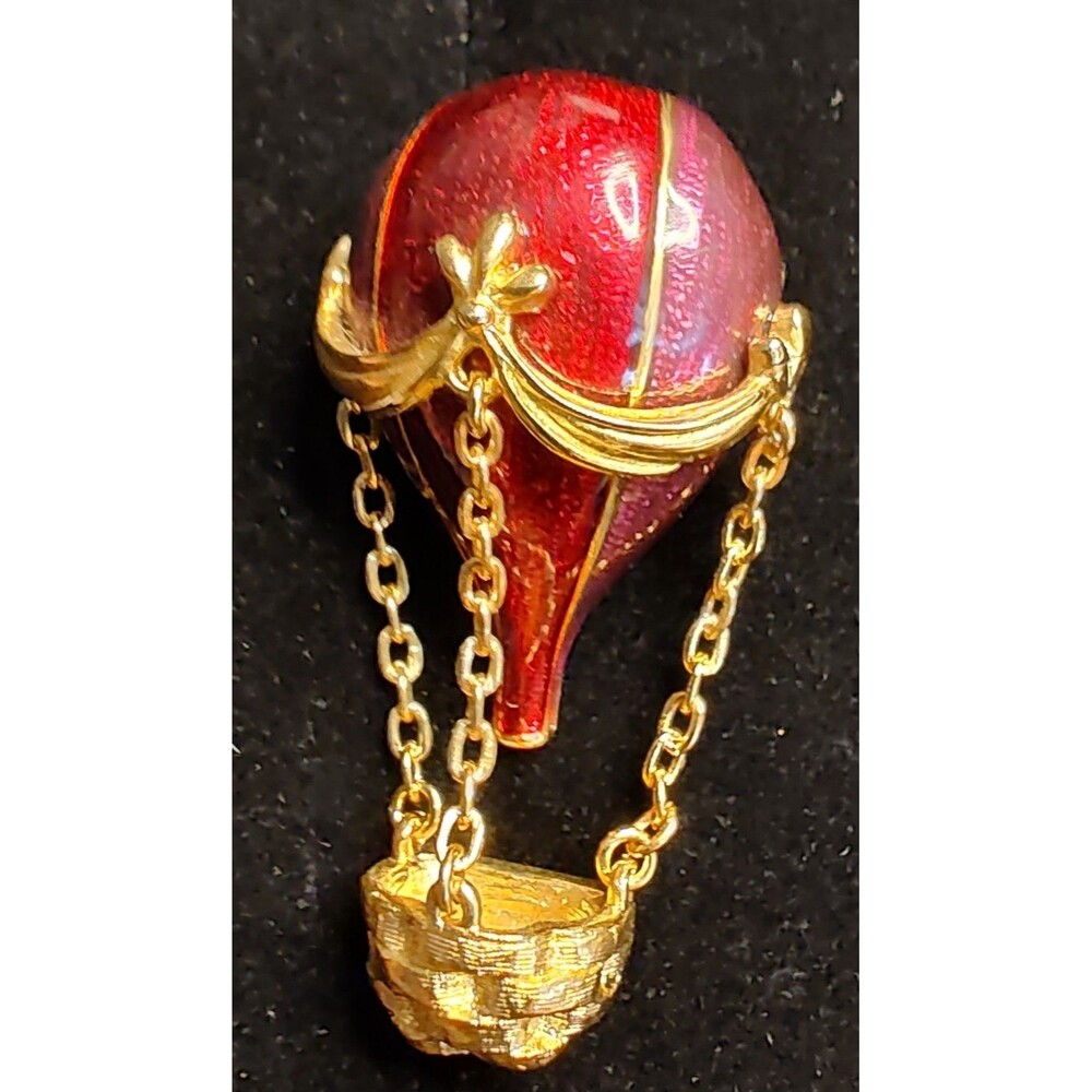 Signed Joan Rivers Hot Air Balloon Brooch Pin Jewelry Red Enamel Gold-tone
